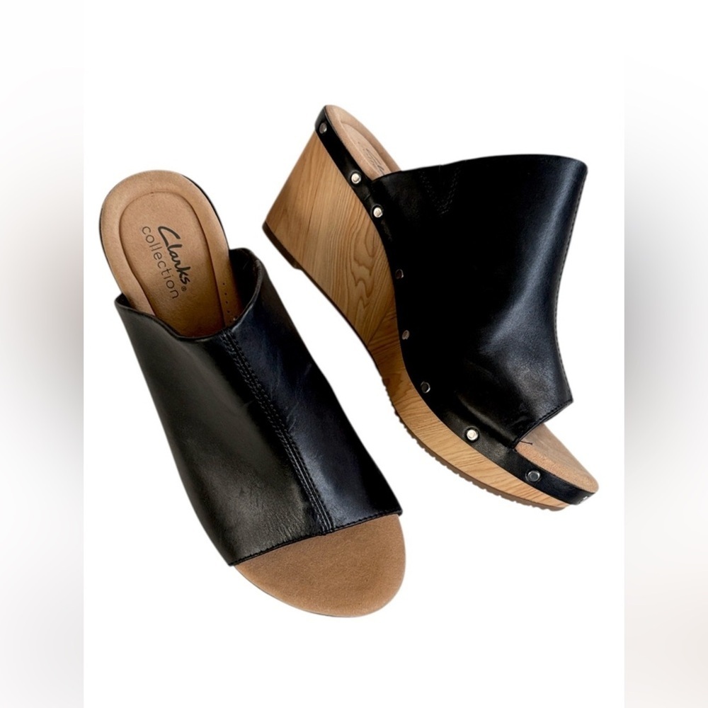 Like New Clarks Leather Annadel Molly Wedge Sandals Black Size 9.5 Wide Width